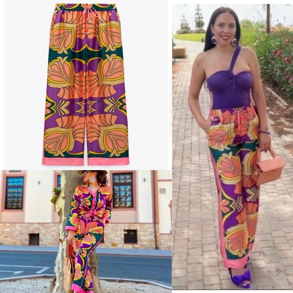 ZARA ✨BLOGGERS FAV Colorful Printed Satin Pajama Style Pant Size XS - Picture 4 of 15